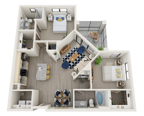 A top-down view of a small apartment with a kitchen, living room, and bathroom.